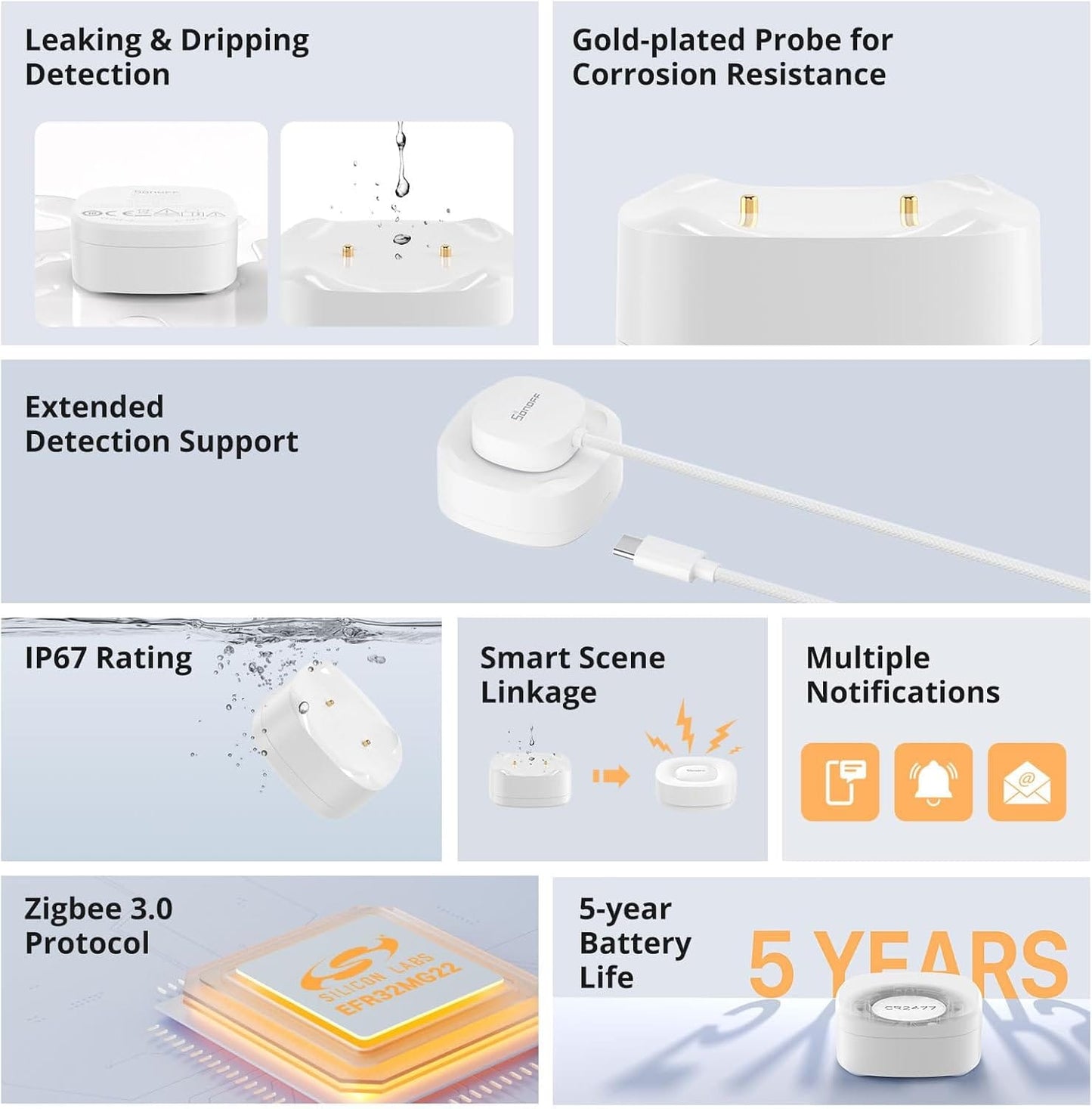 SONOFF Zigbee Water Leak Sensor SNZB-05P & Detection Cable