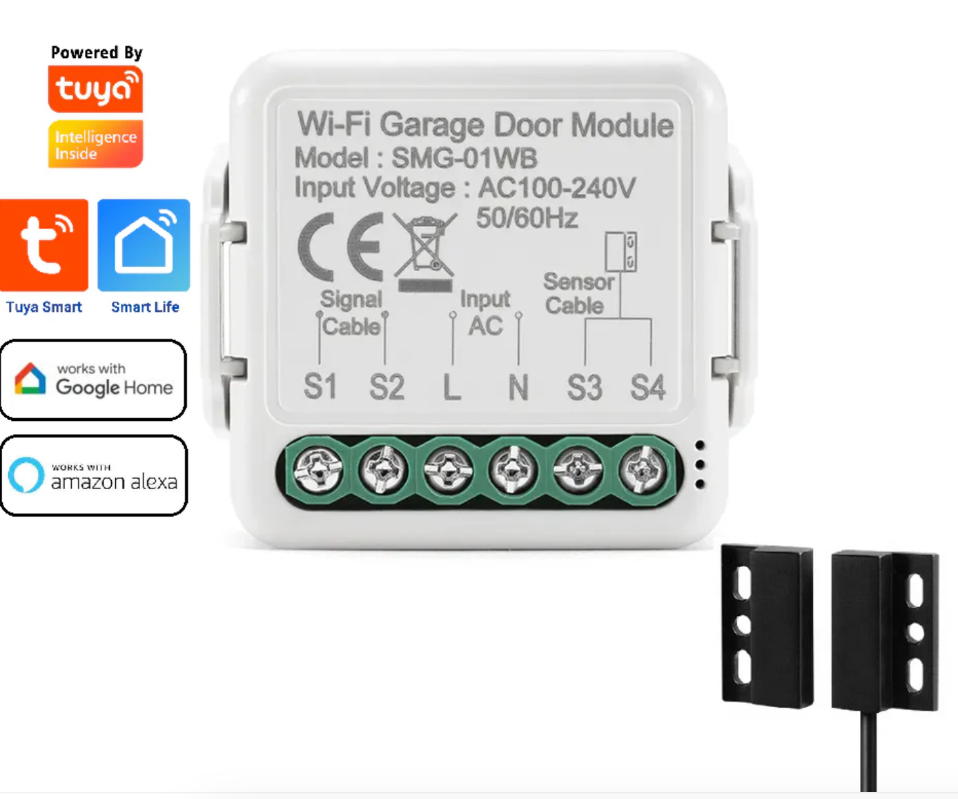 Smart Life Tuya WIFI Gate Garage Door Opener Mini Switch Inching Relay w/ Contact Sensor | 240V