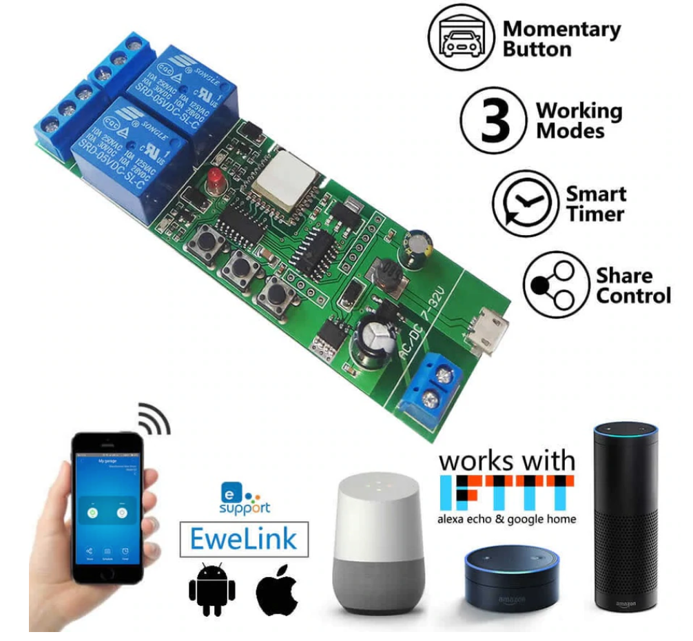 WiFi Inching Relay Momentary/Self-Locking/Interlock Switch Module (ST-DC2)